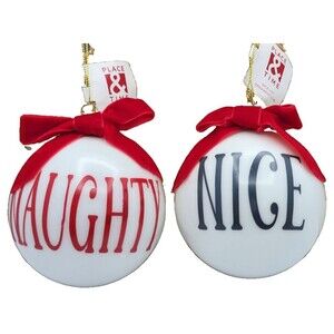 Place & Time Naughty Nice Christmas Ornaments Set of 2 White Red Velvet Bow